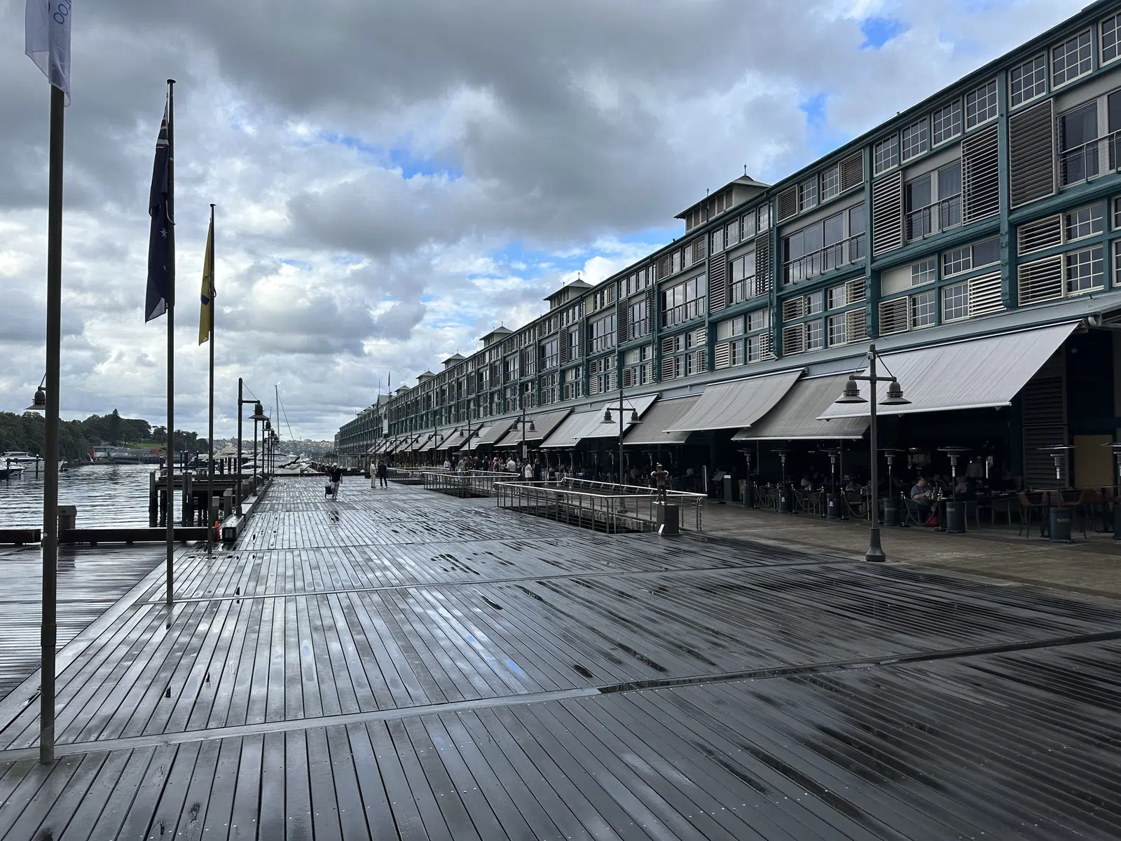 Rainy Sydney harbour wharf and skyline