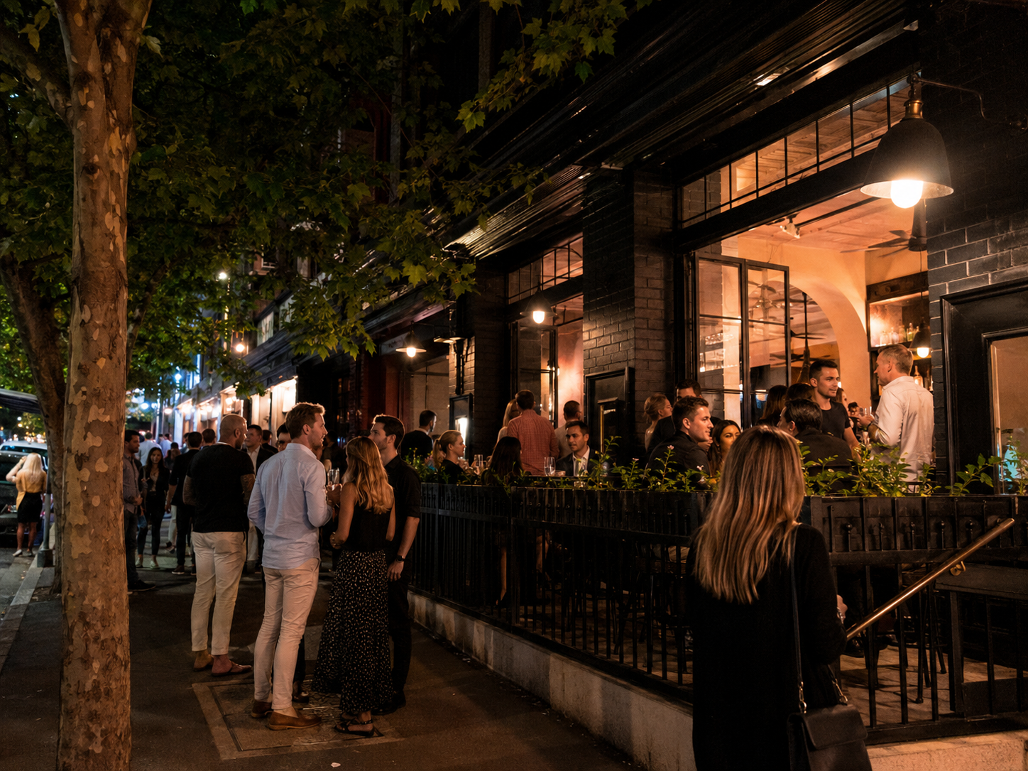 Sydney nightlife street scene outside a pub